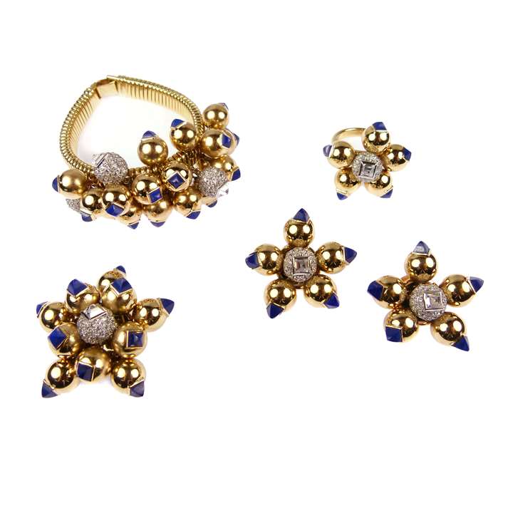 Lapis lazuli and diamond set gold ball-cluster suite comprising a bracelet, brooch, pair of earrings and a ring,
